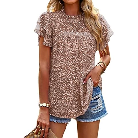 BIOHANBLE Women Floral Chiffon Tops Tiered Ruffle Dressy Blouse T-Shirts Casual Summer Mock Neck Fashion Short Sleeve Coffee Cover