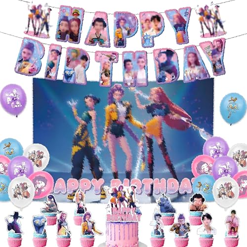 K-Pop - Set de decoración de fiesta de cumpleaños para niños, pancartas, globos, tela de fondo, decoración para tartas y cupcakes, temática colorida para niños, niñas y fans