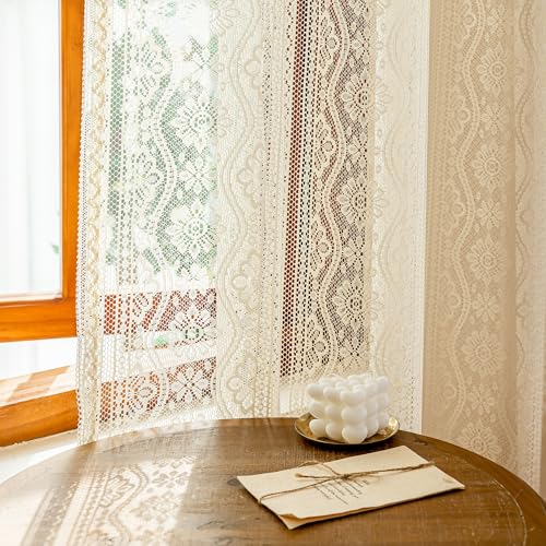 Image of MYSKY HOME Beige Lace French Door Curtains 72 inch Long 2 Panels Boho Sheer Floral Curtains for Door Window Scalloped Doorway Sidelight Curtains Come with 2 Matching Tie-Backs, 26 inch Wide Each Panel