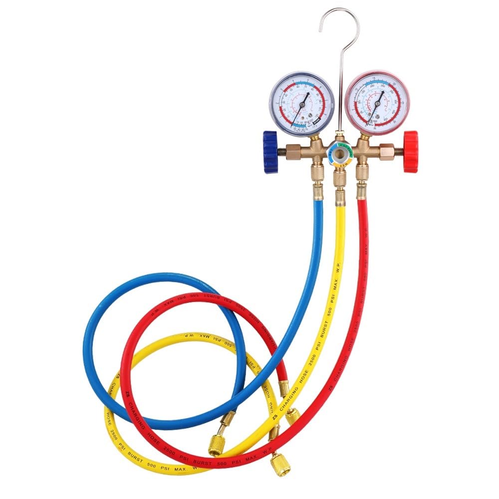 Manometro Pressione Acqua Strumento di calibro del collettore refrigerante set strumento di condizionamento aria con tubo e gancio per R12 R22 R404A R134A Strumento di refrigerazione di aria condizion
