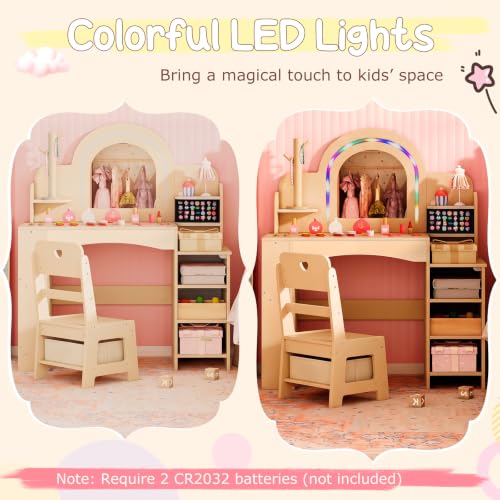 Image of Costzon Kids Vanity, Girls Vanity Set with Lighted Mirror, Bookshelf, Jewelry Storage, Toddler Makeup Vanity Desk Dressing Table, Wooden Kids Vanity Table and Chair Set (Natural)