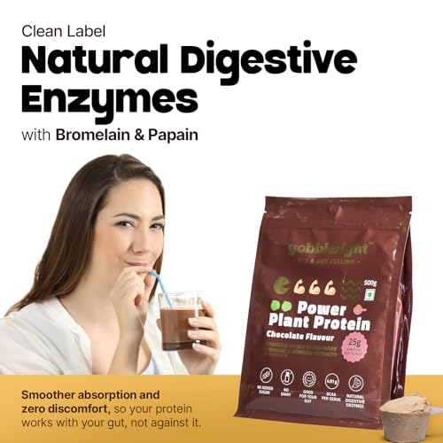 Image of GOBBLERIGHT Power Plant Protein Powder Chocolate Flavour 500g | No Added Sugar | Isolate & Concentrate Pea Rice Protein - Turmeric & Moringa | 4.91g BCAA | No Bloat & Gut Friendly | Vegan & Dairy Free