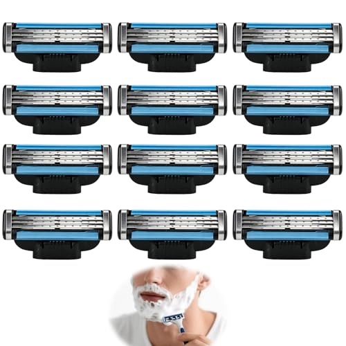 Juego de 12 Cuchillas de Afeitar Triple Hoja para Hombre, Recambios con Doble Banda de Lubricación y Aviso de Cambio, Compatibles con Mangos Estándar, para Piel Sensible