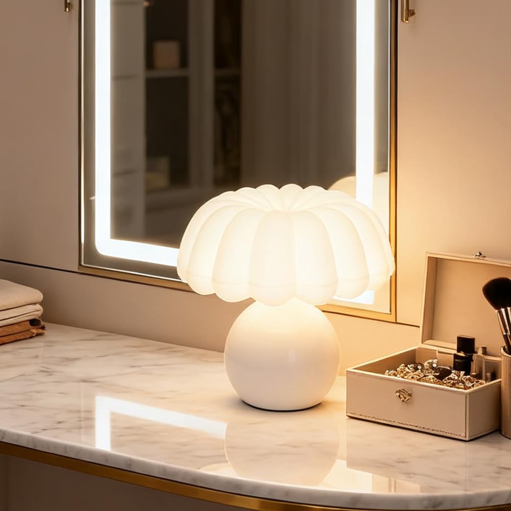 7W LED Tischleuchte mit Kabel Keramik Tischlampe Moderne Pilz Lampe Acryl Lampenschirm Weiß Deko Kleine Lampe Dimmbar Nachttischlampe 3000K/4000K/6000K für Schlafzimmer Wohnzimmer