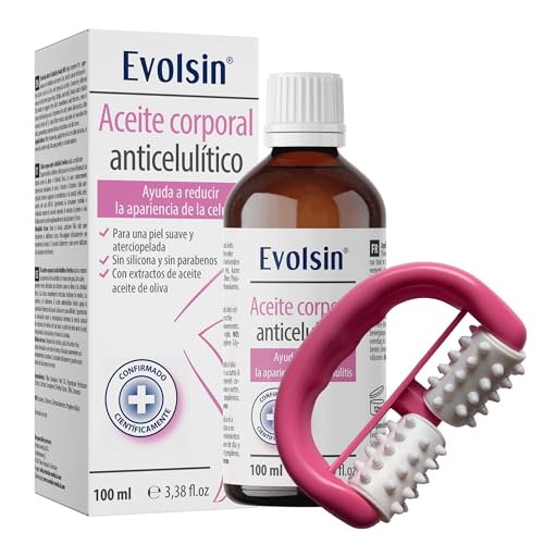 Evolsin® aceite anticelulítico con rodillo de masaje – reduce la celulitis/piel de naranja – aceite corporal con un 99 % de extractos vegetales naturales, 100 ml + masajeador anticelulítico
