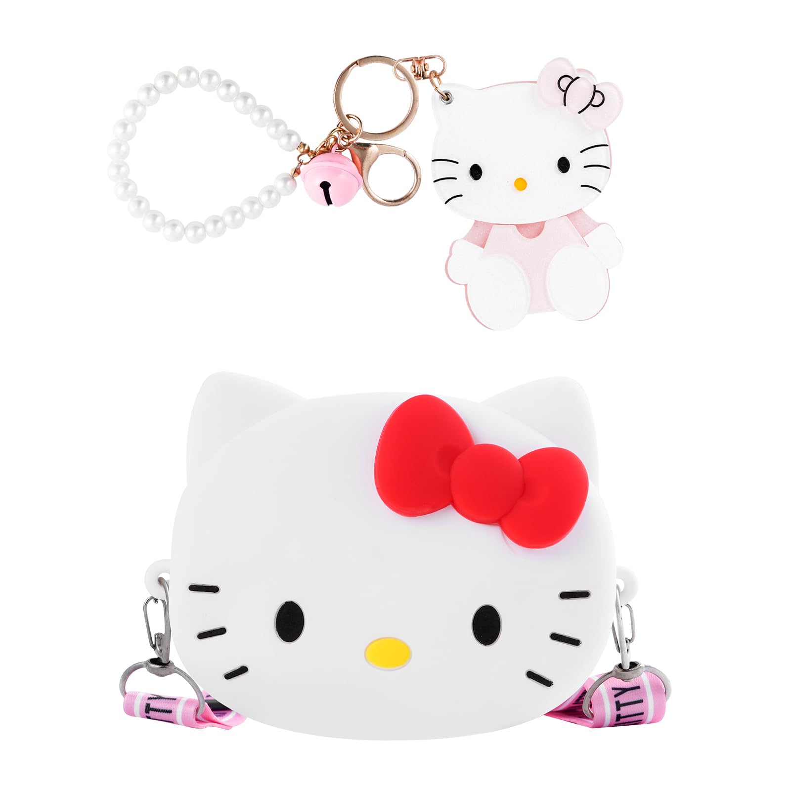 Kawaii Kitty Crossbody Bag with ID Badge Keychain Silicone Wallet for Women Coin Purse Pouch Kitty Cat Purse Gift for Girls (WA+Pearl KR-KT)