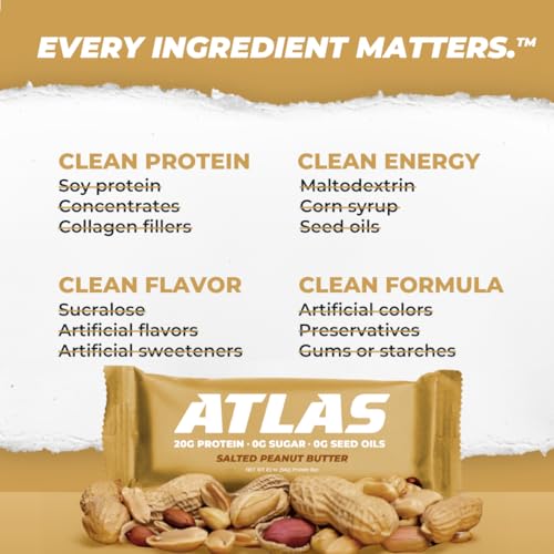 Image of Atlas Real Food Protein Bar - 20g Protein, 11g Fiber, 1g Sugar, No Seed Oils, No Artificial Sweeteners (Salted Peanut Butter, 60 Count)