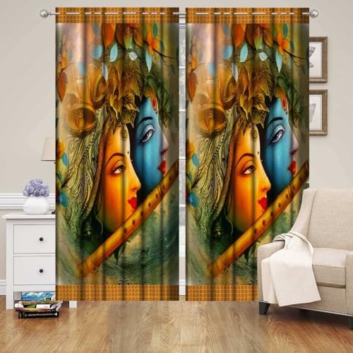 Image of Heavy Premium Fabric Krishna Radha Flute God Design Curtains for Pooja Room, Temple, Home, 4x5 feet Long Curtains Set of 2 Pc