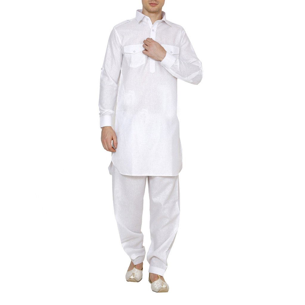 royal kurta Men's Cotton Linen Classic Collar White Pathani Set-picture-29