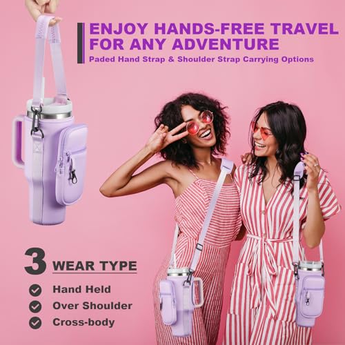 Image of 30oz Water Bottle Carrier Bag with Phone Pocket for Purple Stanley 30 oz Tumbler with Handle, Purple Insulated Neoprene Cup Holder Pouch Strap for Orchid Stanley Cup Accessories