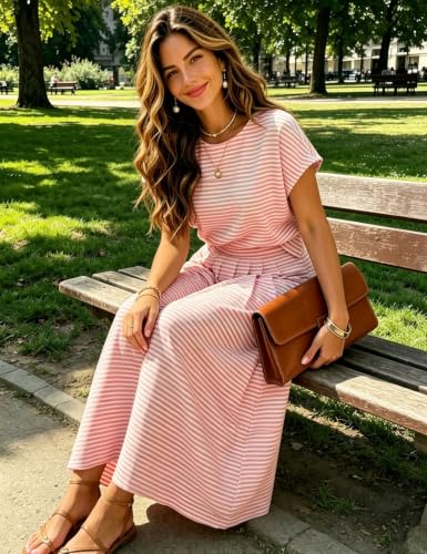 Image of Zontroldy Women's Summer 2 Piece Outfits Striped Skirt Sets Cap Sleeve Crop Top Midi Dress Matching Travel Outfits