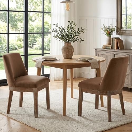 Image of HNY Modern Dining Chairs Set of 2 with Comfortable Back Support, Farmhouse Soft Velvet Upholstered Kitchen Dining Room Chairs with Solid Wood Legs, Armless Accent Side Chairs for Living Room, Khaki