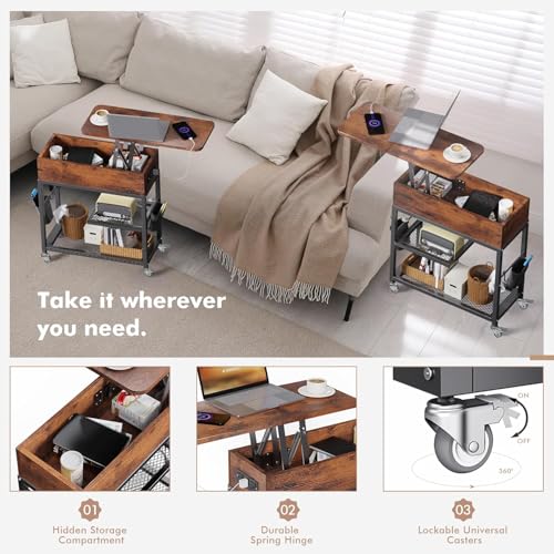 Image of Colima Lift Top End Table with Charging Station and Wheels (Rustic Wood) | Sofa Side Table with USB Port & AC Outlets, Movable Bedside Nightstand with Side Bag for Office Living Room Bedroom