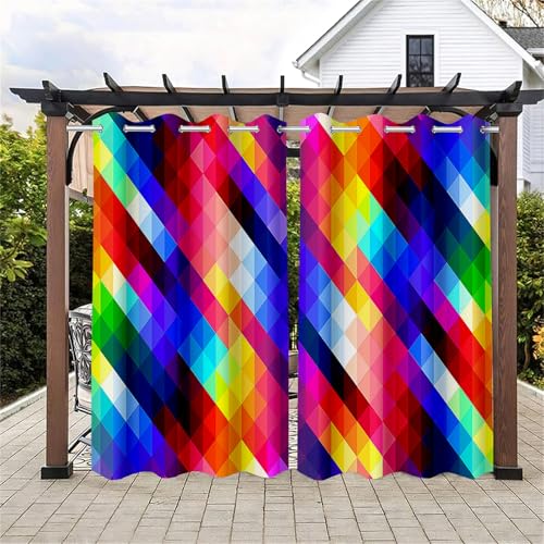 Surwin 2 Stück 3D Bunt Outdoor Vorhang Wetterfest, Verdunklungsvorhänge mit Ösen,Balkon Sichtschutz,Vorhänge Blickdicht,Outdoor Vorhang für Balkon Terrasse Pergola (Bunt,91x213cm)