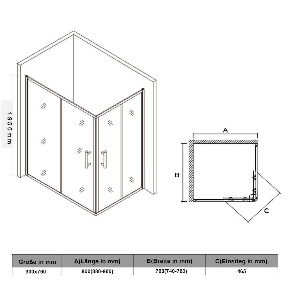 Cabina Doccia Angolare Moderna 76x90 con Doppie Ante Scorrevoli, Vetro Temperato 5mm Altezza 195cm - Elegante Soluzione Salvaspazio per Bagno