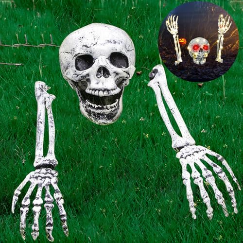 ZQEJEFD Scheletro di Halloween Decorazione, Scheletro Spaventoso Realistico con 3m Luci LED, Teschio e Braccio di Halloween, Decorazione Halloween per Giardino Cortile Prato Infestato Decorazione