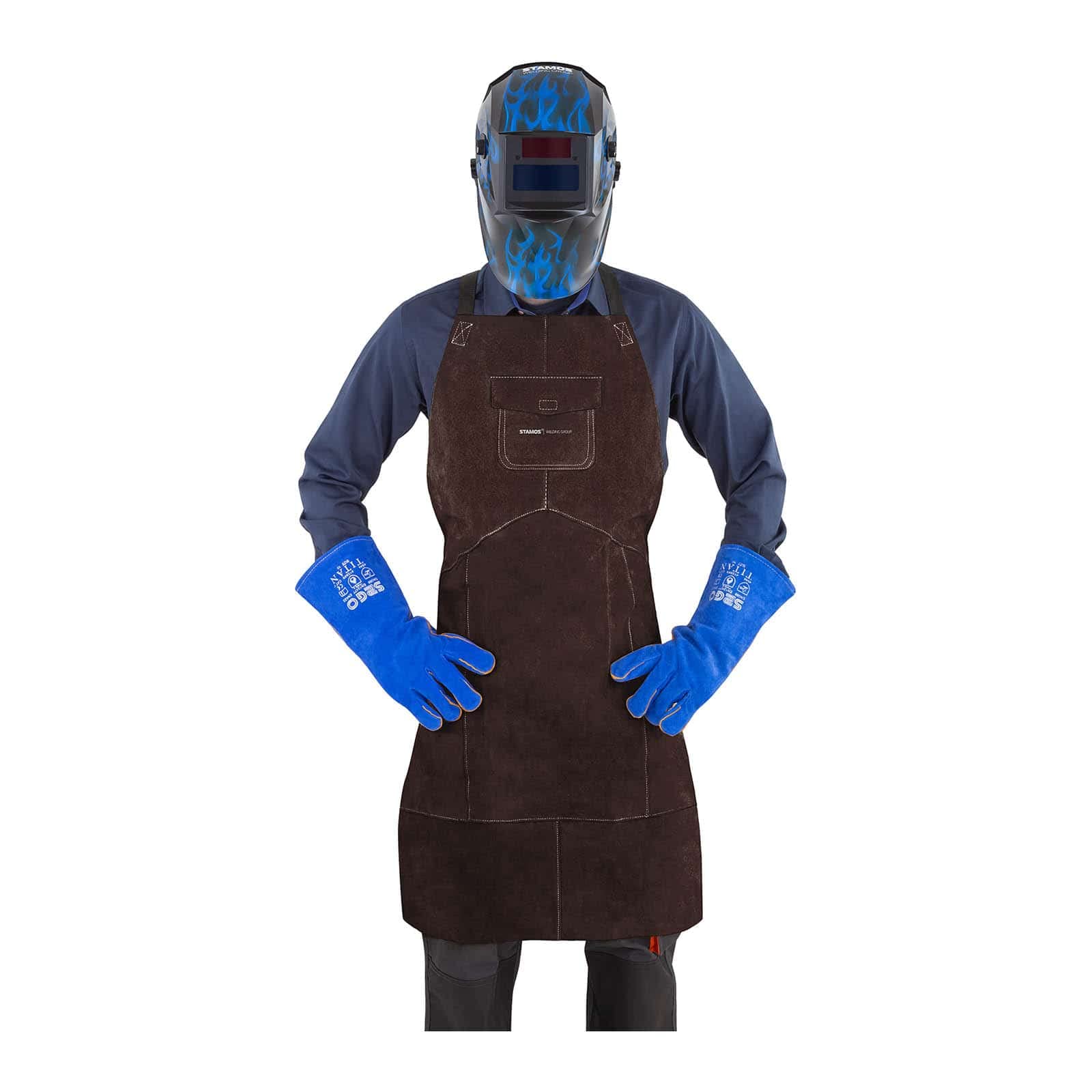 Stamos Welding Group Mandil Para Soldador Delantal De Cuero SWA03L (Costuras resistentes al calor, 91,5 x 58,5 cm, Serraje vacuno, Talla L)