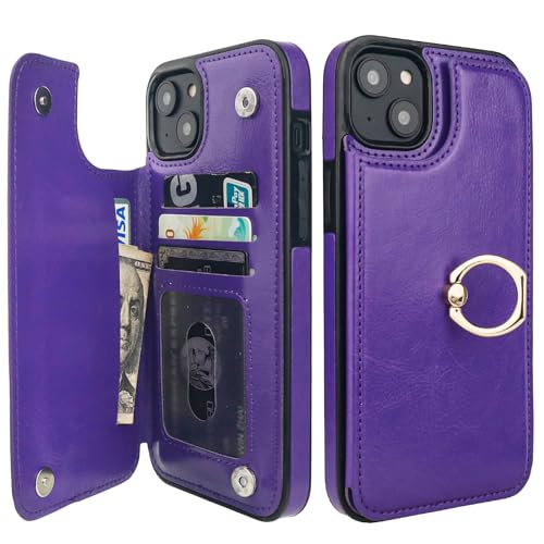 Étui portefeuille iPhone 14 Plus antichoc violet avec blocage RFID et anneau