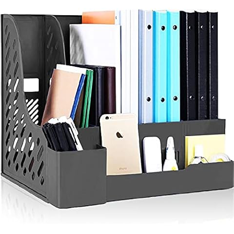 Lemical Desktop File Magazine Organizer 4 Compartments Plastic File Holder Desktop Magazine Storage Rack Sturdy A4 Documents Organiser File Dividers School Office Supplies (Black with Pen Holder) Cover