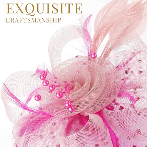 Image of DRESHOW Fascinators Hat Flower Mesh Ribbons Feathers on a Headband and a Clip Tea Party Headwear for Girls and Women