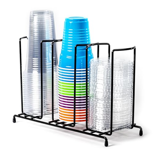 Inevibe Wire Frame Cup and Lid Organizer, 3 Compartment Metal Rack Design Storage Holder for Plastic, Coffee Beverage Cups