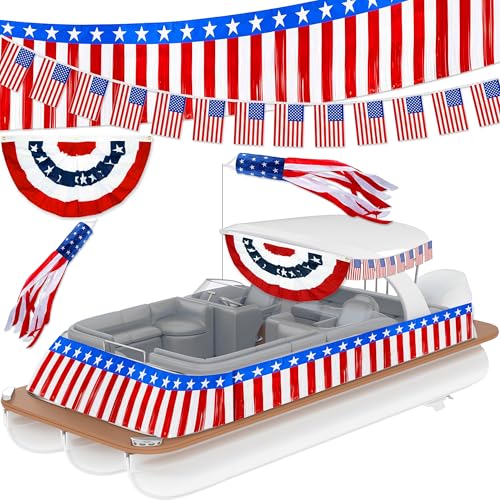4th of July Boat Decorations - Fourth of July Pontoon Boat Decorations With Foil Fringe Garland Tinsel Streamer Windsock String Pennant Flags Pleated Fan Flag Red White Blue Outdoor Dcor
