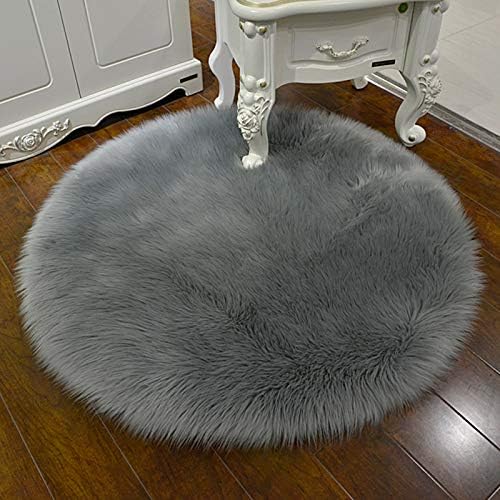 YOH Luxury Round 4x4 Feet Faux Fur Sheepskin Rugs Ultra Soft Fluffy Chair Cover Seat Cushion Pad Area Rugs Shaggy Wool Carpet for Living Room Bedroom Makeup Chair Home Decor Carpet, Grey