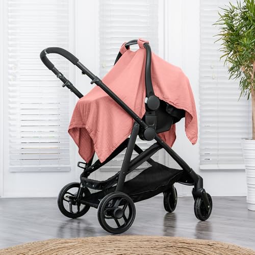Image of Comfy Cubs Baby Car Seat Cover - Soft, Breathable Bamboo Rayon and Muslin Cotton Blend - Lightweight Canopy for Sun, Bug, and Comfort Protection - Large Size Infant Seat Cover in Dusty Rose Design