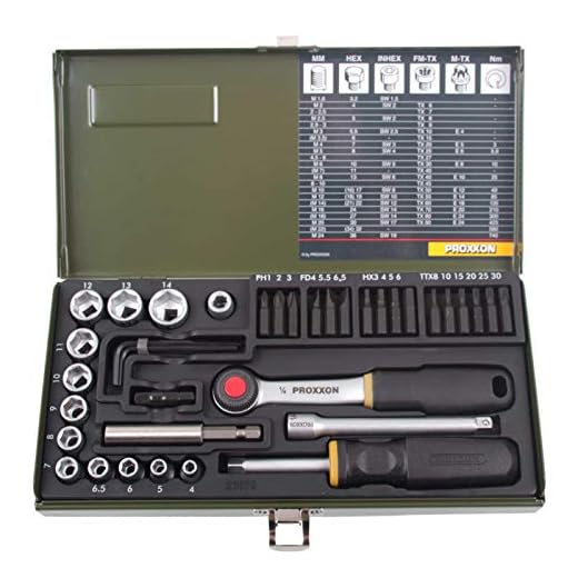 PROXXON Steckschlüsselsatz, Feinmechaniker-Satz mit 1/4"-Umschaltratsche sowie Schraubendrehergriff, 36-teiliges Werkzeug-Set mit Stahlkasten, 23080 9 Proxxon Schraubersatz 1/4" (39-teilig)