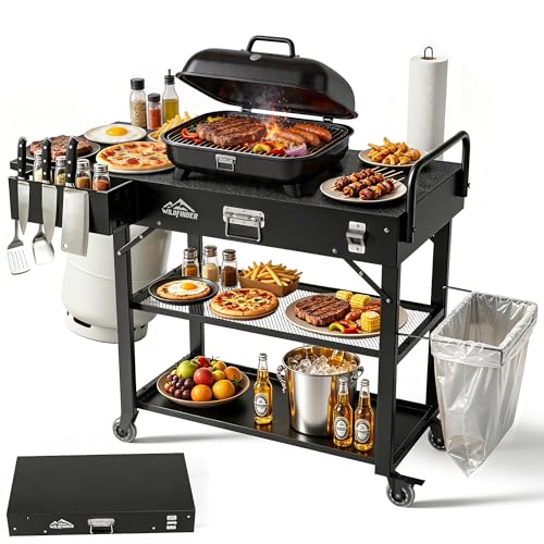 Grill Cart for Blackstone Griddle Foldable Outdoor Grill Table with Wheels for Ninja Pizza Oven Stand Grill Stand Fit 17 or 22 Inch Tabletop Griddle Portable BBQ Prep Station with Tool Hooks