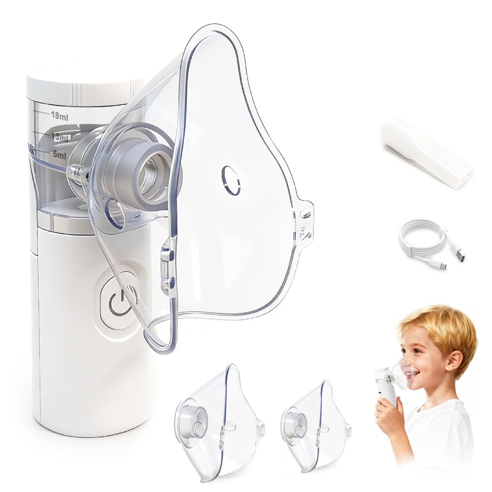 Nebulizador portátil silencioso recargable,atomización y absorción eficientes, adecuados para adultos y niños,accesorios con 2 máscaras y 1 boquilla,uso familiar y viajes (Blanco)