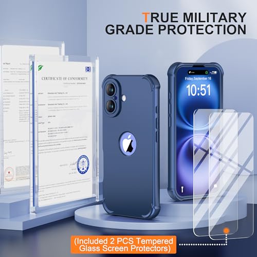 Image of ORETECH 3 in 1 for iPhone 16 Case with 2 x 9H Screen Protector,Blue | Full Body Shockproof Design Smooth Texture,15FT Military Grade, Camera Lens Shield, with Armor Front Frame Protection
