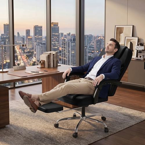 Image of Furmax Massage Office Chair with Foot Rest Executive Big and Tall Office Chair Ergonomic Home Office Desk Chairs, Reclining High Back Leather Chair with Lumbar Support, 400LBS (Black)