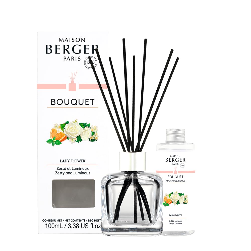 Maison Berger Lady Flower Clear Glass Reed Diffuser Scented Bouquet – 6 Black Reed Sticks with 100 mL Fragrance Refill – Made in France