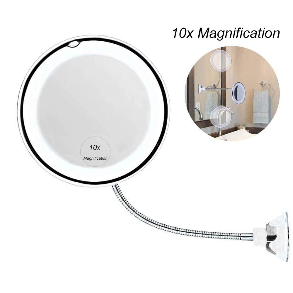 MOGOI 10X Magnifying Makeup Mirror with LED Light, Bathroom Vanity Mirror with Strong Suction Cup & 360°Adjustable Flexible Gooseneck, Cordless & Compact Travel Mirror