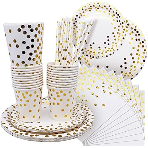 MEIYAXINWIN 80Pcs Paper Tableware, Golden Polka Dot Party Tableware Set Cups Plates Straws Napkins for Parties Birthdays Weddings, Decorate and Add Atmosphere Cover
