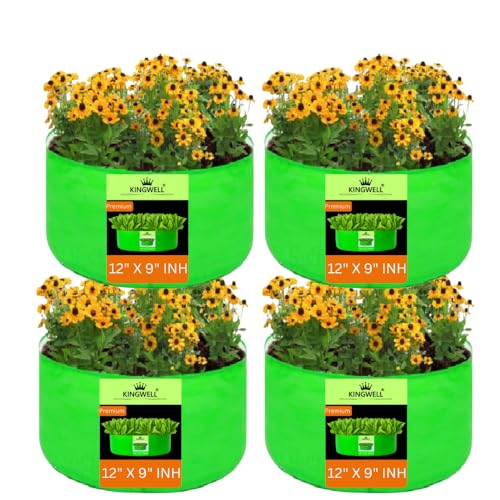 Image of Kingwell grow bags 12x9 inch pack of 4 Grow Bag For Terrace Garden Leafy Vegetable Plant Grow Bags Fruits Growing Containers For terrace Gardening