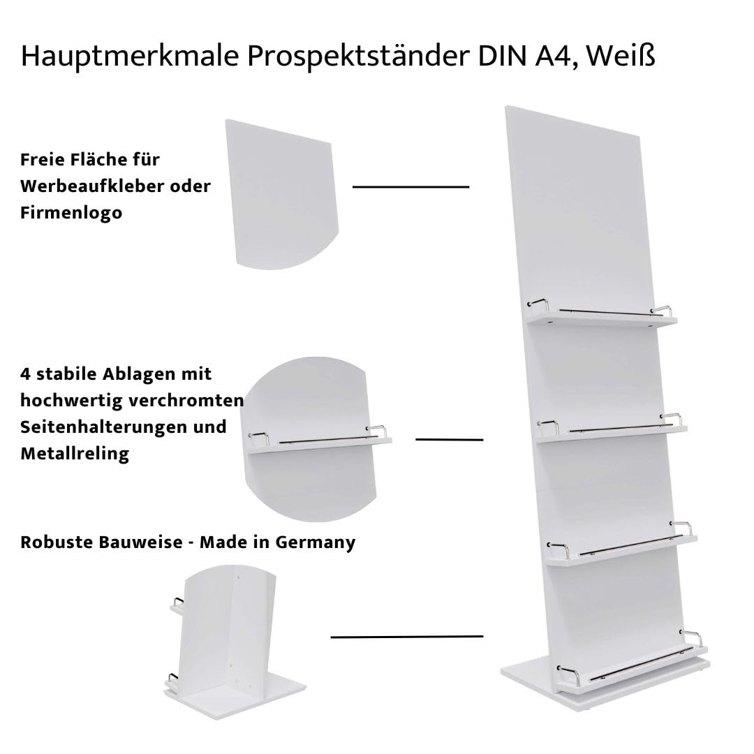 Prospektständer Holz 166x50x38cm, Katalogständer 4 Ablageböden für 8 x DIN-A4, sehr stabiler Broschürenständer, Zeitschriftenständer, Flyerständer inkl. Werbefläche (Weiß, DIN-A4)