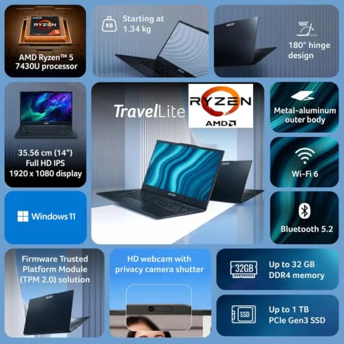 Acer Travel Lite (2026) AMD Ryzen 5 Hexa Core 7430U - (16 GB/512 GB SSD/AMD Radeon Graphics/Windows 11 Home) TL04-41M Light Laptop/14.0" FHD Display/Black/Metal Body/Copilot Key/1.34 Kg/MSO 2024 - Image 3