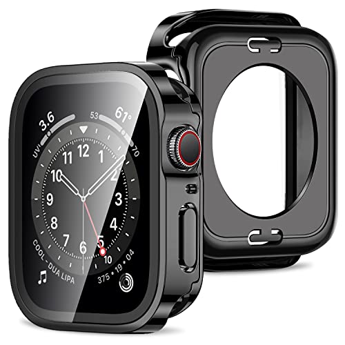 Amizee 2 en 1 Funda [2 Pièces] Compatible avec Apple Watch SE 3/2/1 Series 6/5/4 44mm con Protector de Pantalla Cristal Templado, PC Duro Anti Rasguños Protección Carcasa para iWatch 44mm   Negro