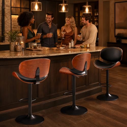 Image of Homall Swivel Bar Stools Set of 2, Counter Height Bar Chairs w /PU Leather Back, Adjustable Height & Footrest, Modern Upholstered Barstools for Kitchen Island Dining Room Bar, Black
