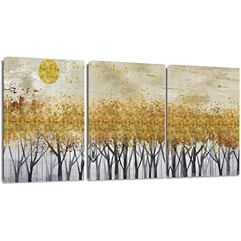 OTOSTAR 3 Pieces Wall Art Canvas Prints - Autumn Yellow Leaf Forest with Sun Picture Painting - Modern Wall Artwork Framed for Gifts Bathroom Living Room Home Office Decor - 12 x 16 Inch Cover