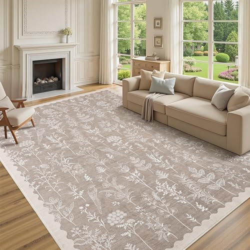 GarveeHome Washable 10x13 Area Rugs for Living Room, Modern Floral Rugs for Bedroom Non Slip, Soft Neutral Indoor Floor Carpet for Dining Room Home Office Kids Playroom Foyer Farmhouse,Taupe