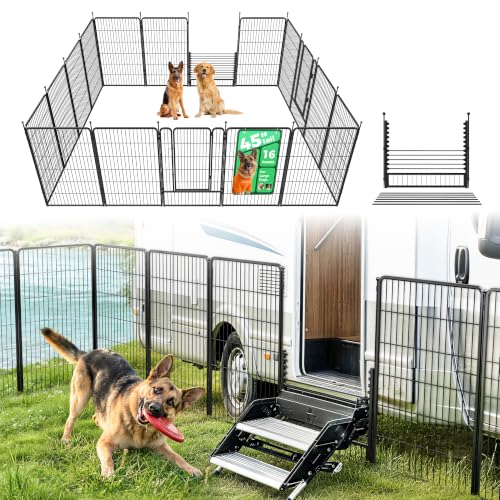 Image of FXW Rollick Dog Playpen with RV Step Grid for RV Camping, 45 inch H, 16 Panels | Easy Setup & Sturdy, Blocks RV Stair Gaps, Fits RV Steps up to 26 inchW, For Large Dogs, Patented