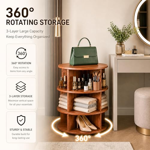 Image of 360 Rotating Multipurpose Storage Cabinet - Laminated Engineered Wood Organizer Rack | Space-Saving Rotating Shelf for Bedroom, Living Room, Dressing Area & Bathroom (Teak Brown, 3-Tier)