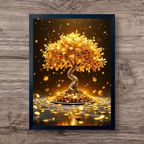 Image of ARTFUL TOY BOX - Golden Money Tree Photo Frame Wall Art for Home Decor | Wealth Growth & Prosperity Vastu Wall Decor for Living Room & Office | HD Glossy Print | Premium Fiber Black Frame - 12x18 Inch (30x45 cm) (Design 1)