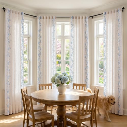 Image of jinchan Floral Linen Curtains, Back Tab 50x96 Inch, 2 Panels Blue
