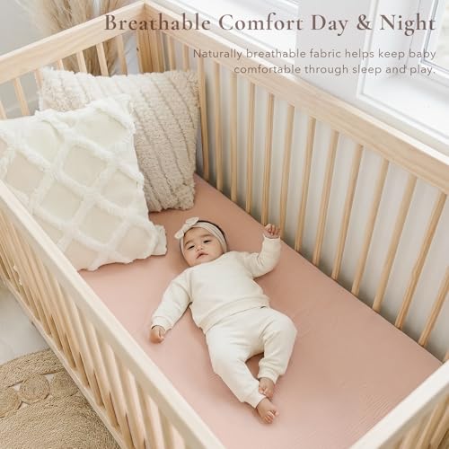 Image of Konssy Muslin Crib Sheets for Girl Boy, 2 PCS Soft and Breathable Cotton Baby Sheets for Standard Crib Mattress, 52 inchx 28 inch (Pink, Cream)