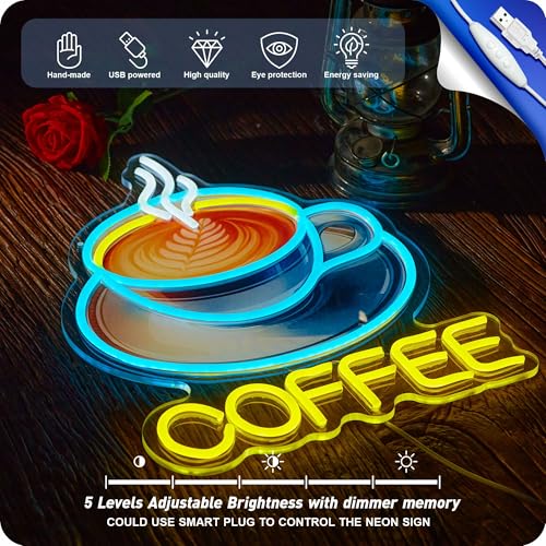 Image of Coffee Neon Sign for Business, USB Powered Dimmable Bright Signs for Coffee Shop Bar Station (16.5 X 12.6 in)