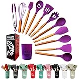 Silicone Cooking Utensils Sets,RICHFEVYFS 12-piece Non-Stick Silicone Kitchen Utensils Set with Holder, 446°F Heat Resistant,BPA FREE,Dishwasher,Wooden Handle,for Non-Stick Cookware (Purple)